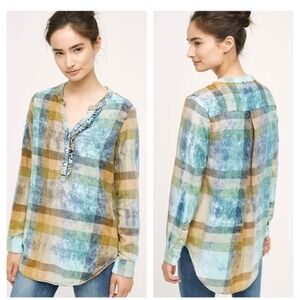 Anthropologie Isabella Sinclair SZ XS‎ Plaid Ruffle Henley Tunic
